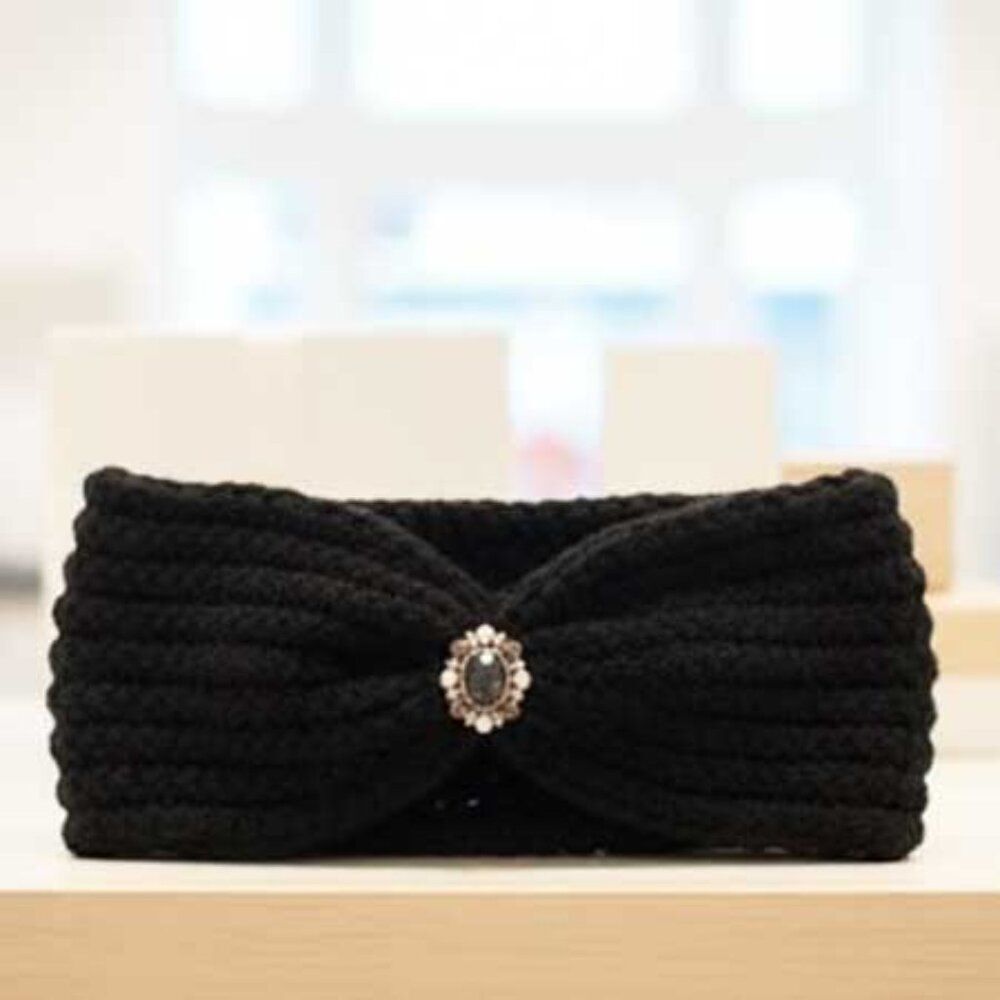 Ladies Black Vintage Style Jewel Knitted Winter Headband